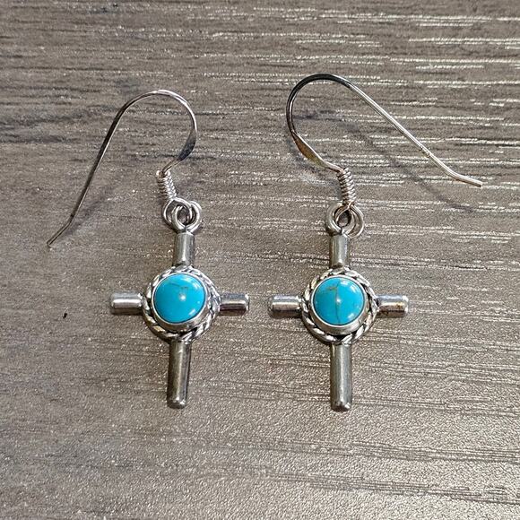 Vintage Sterling Silver Cross Earrings with Turquoise Cabochons - Picture 1 of 6